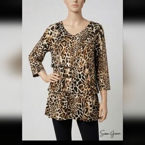 Susan Graver LIQUID KNIT TIERED Animal  Print‎ 3/4 Sleeves blouse Tunic Top Sz L